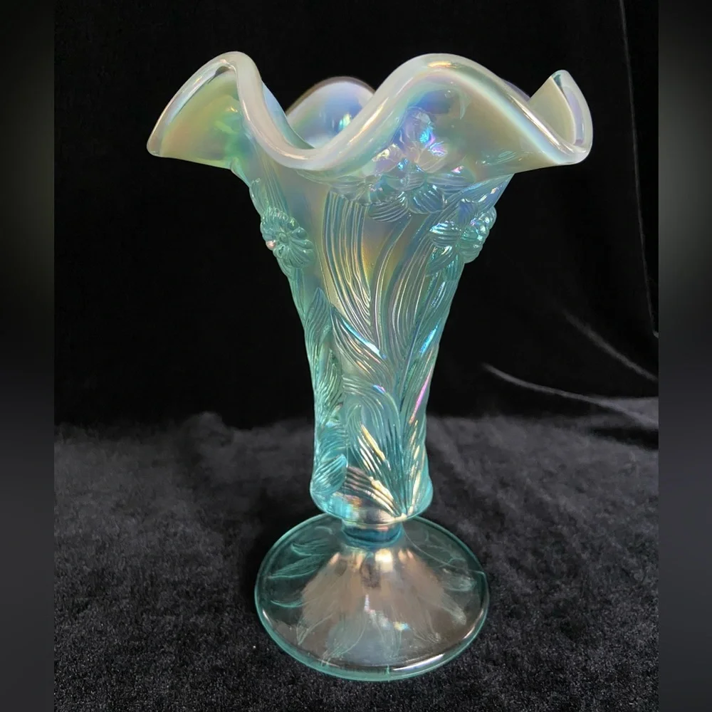 Fenton Carnival Glass Vase Daffodil Iridescent Aqua Blue Opaline w/Sticker